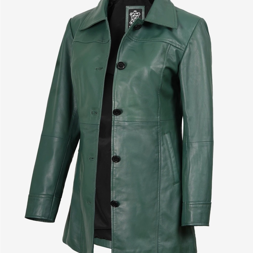 Women's Real Leather 3/4 Length Button Down Green Coat